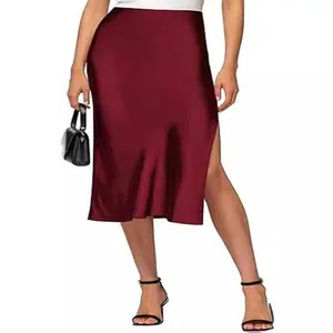 Elegant wine red satin midi skirt with sexy side slit and high elastic waist for women