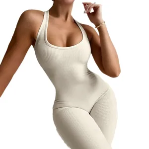 Stilvoller cremefarbener gerippter rückenfreier Halter-Body für Damen, schmale Passform