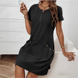 Casual black cotton linen short sleeve dress with zipper neckline and side pockets