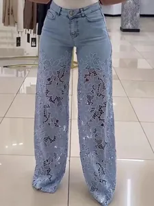 Women High Waist Lace Splicing Wide Leg Jeans Hollow Out Floral Pattern Denim Pants Summer Casual Long Trousers