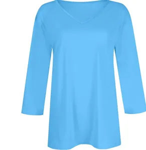 Women's casual V-neck solid color 3/4 sleeve T-shirt top in light blue soft fabric finish