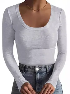 Women's slim fit ribbed long sleeve T-shirt with scoop neck in heather grey color