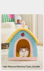 Detailed view of the luxury enclosed plush cat house with memory foam structure.