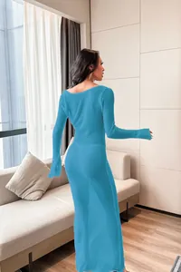 Detailed back view of a sexy blue backless long sleeve crochet beach cover-up dress