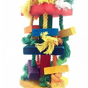 Close-up of colorful wooden blocks and cotton rope parrot chewing toy