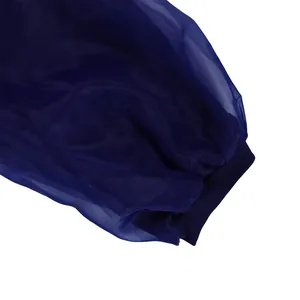Detailed view of dark blue sheer mesh lantern sleeve with ribbed elastic cuff finish