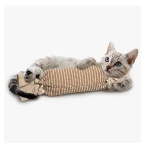 Large candy-shaped burlap cat toy pillow with stripes for scratching and interactive play