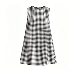Classic black and white gingham sleeveless dress with crew neck and A-line silhouette