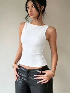 Stylish slim fit white sleeveless ribbed tank top on model with black leather pants