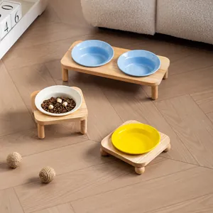 Keramik Haustier Schüssel Mit Eichenholz Ständer Schräger Mund Nackenschutz Kippsicher Katze Hund Futter Wassernapf Nordisch Minimalistisch Fütterungsschale Für Kleine Mittlere Haustiere