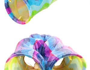 Detailed view of the soft rainbow plush cat tunnel with collapsible wire frame