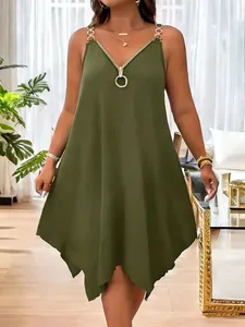 Vestido elegante sin mangas verde oliva con escote en V, cremallera y cadenas