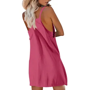 Elegant back view of a pink sleeveless strap sundress for women's casual summer wear