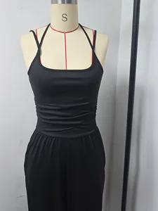 Mono de Tirantes Finos para Mujer Elegante Cintura Fruncida Pata Ancha de Punto Verano Casual Suelto Top And Bottom