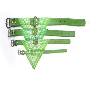 Green pet PU leather collar set with paisley print bandana for small to medium dogs