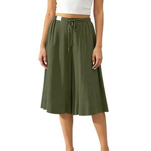 Comfortable army green wide-leg culottes for women featuring an adjustable drawstring waist