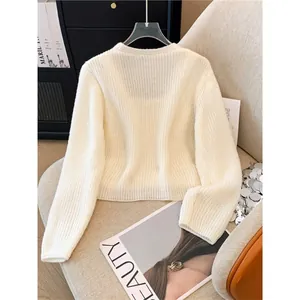 Elegant French style cream white ribbed knit cardigan sweater for women back view