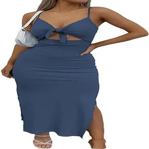 Detail view of blue sleeveless knit bodycon dress with cutout and tie-knot front