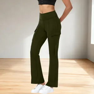 Detailed view of dark green high-waisted flared yoga cargo pants with side pockets