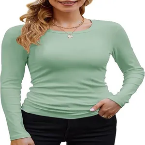 Detail view of women's ribbed long sleeve slim fit T-shirt in elegant mint green