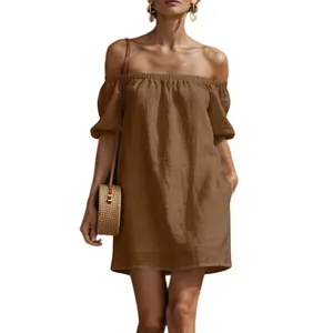 Detailed view of the brown cotton linen off-the-shoulder loose summer dress