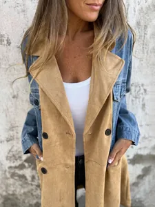 Modieuze denim patchwork halflange damesjas met bruin suède en dubbele knopenrij voor herfst