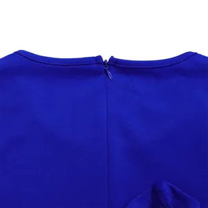 Detailed view of the invisible back zipper on a royal blue elegant office bodycon dress.