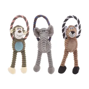 Set di peluche da masticare per cani con manici in corda, forme di elefante e scimmia.