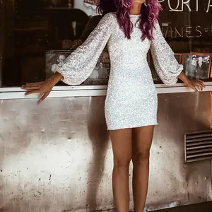 Elegant white sequin lantern sleeve bodycon mini dress for party and evening clubwear