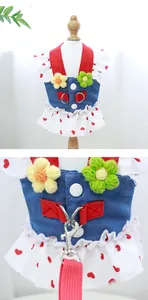 Detailed view of pet denim dress harness with cute heart patterns and flower accents
