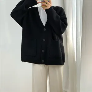 Oversized black knitted cardigan featuring a V-neck design and two functional front pockets.