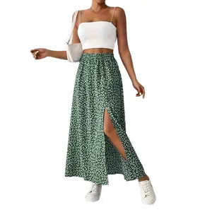 Gonna lunga a fiori verde a vita alta con spacco laterale per donna in stile casual ad A