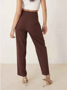 Back view of brown high-waisted straight-leg dress pants for women in a professional fit