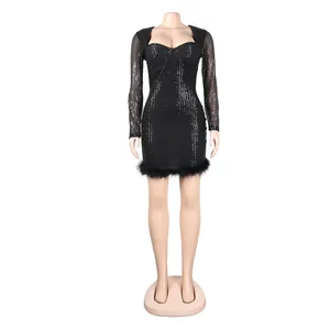 Detailed front view of a sexy black sequin bodycon dress with elegant feather trim