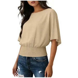 Elegant women's khaki short sleeve blouse featuring smocked elastic hem and boat neckline