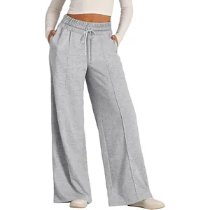 Stylish women's casual grey wide-leg sweatpants featuring drawstring and elastic waist
