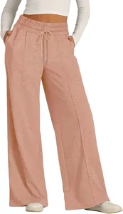 Women's casual wide-leg sweatpants with drawstring elastic waist and peach color