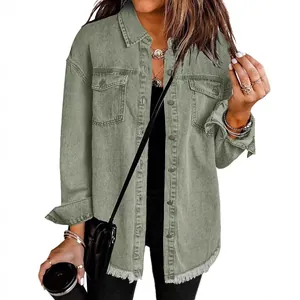 Washed green denim shirt jacket for women with stylish frayed hem and chest pockets