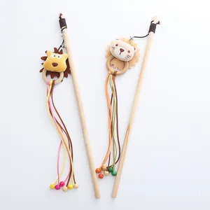 Interactive wooden cat teaser wand set featuring plush lion heads and jingling bells