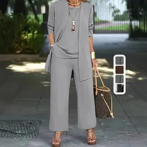 Elegant grey women's 3-piece set with cardigan vest and trousers for casual commuting