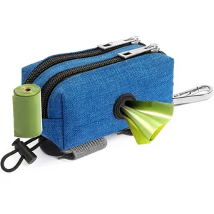 Blue pet waste bag dispenser pouch with carabiner and double zippers for dog walking