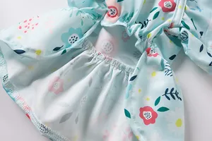 Macro view showing the floral pattern and fine stitching of a light blue pet dress