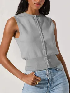 Elegant women's grey sleeveless knitted button-up vest top with ribbed waist design.