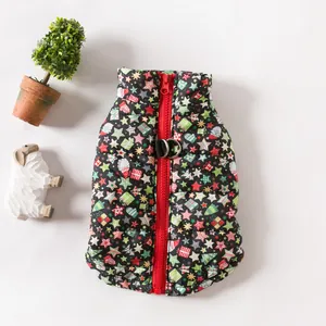 Padded Christmas dog vest with red zipper and festive pattern for small pets
