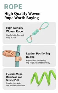 Detailed view of durable polyester braided dog leash with an adjustable leather stopper
