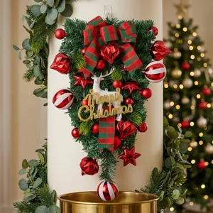Kerst Rendier Traan Swag Krans Kunstmatige Dennen Rode Bessen Ornament Merry Christmas Bord Voor Buiten Voordeur Home Decor