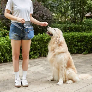 Sacoche de dressage pour chien en denim bleu portée à la taille avec un Golden Retriever