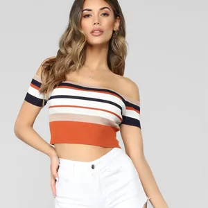 Trendy off-the-shoulder striped crop top featuring vibrant multi-color bands.