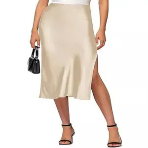 Elegant champagne satin midi skirt with high side slit and elastic high waist for women