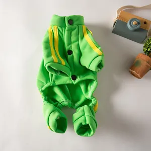 Sporty green pet sweatshirt with yellow stripes and snap buttons for small dogs and cats